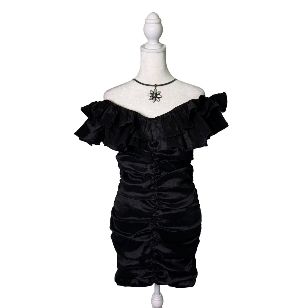Lovers and Friends NIKOLINA RUCHED DRESS Black Womens Size Large Cocktail Ruffle - Picture 2 of 5